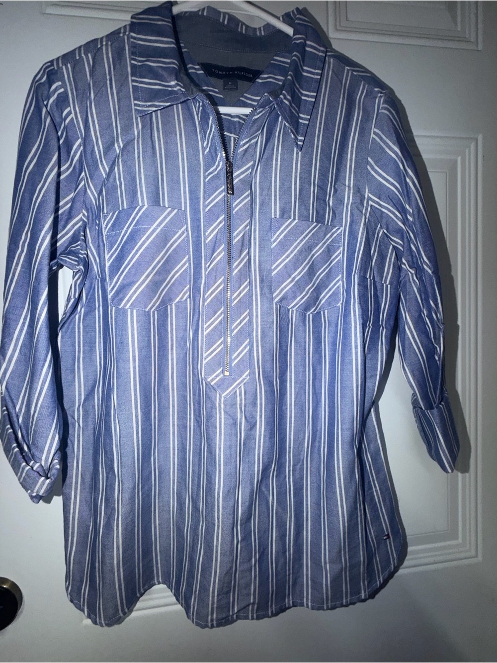 Tommy Hilfiger Blue and White Striped Button-Front Casual Shirt